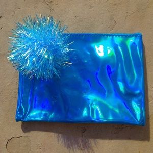 Blue Tinsel Pom-Pom Holographic Sea Punk Vaporwave Party Pencil Pouch Makeup Bag